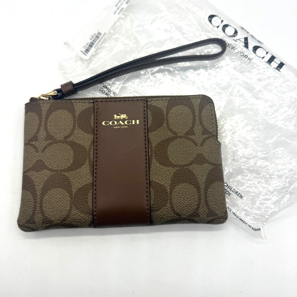 Coach‎ Signature Avary Wristlet Clutch Womens Small Brown PVC Leather Zip F58035
